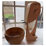 Carved wood clock and bowl