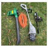 3 electric yard tools and extension cord