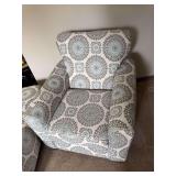 2 matching chairs and ottoman. Chair is 34” wide by 37” high in back by 34” deep, 18.5” high to seat. Ottoman is 42” wide by 17” high by 26” deep