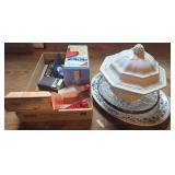 Soup dish. Cracker tin, transistor radio, etc