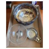 Sterling weighted bowl, pewter bowl and silver plated items