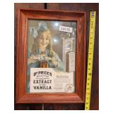 Dr. Price’s Extract of Vanilla framed advertising print with vintage-style kitchen and product graphics. Decorative food and general store advertising piece suitable for kitchen, pantry, country sto