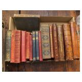 Flat of antique books as shown. Assorted group of older hardcover books with decorative, reading, and collectible display appeal. Suitable for bookshelf décor, library display, collecting, or resale.
