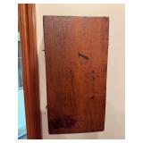 Antique knife rack with assorted knives as shown. Wall-mounted wood knife holder with multiple vintage knives included. Decorative and functional kitchen or country store piece with primitive display 