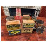 Vintage advertising items as shown. Assorted group includes small advertising pieces and display items with general store, country store, grocery, and collectible advertising appeal. Suitable for wall