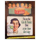 Gin and tonic advertising print and National Biscuit Company advertising piece as shown. Assorted framed advertising group with beverage, grocery, and general store display appeal, suitable for kitche