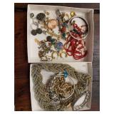 Costume jewelry as shown. Assorted group includes necklaces, bracelets, earrings, pins, and related jewelry pieces in various styles. Suitable for wearing, crafting, display, resale, or collection.