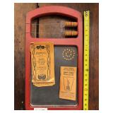 Chalkboard with counter and assorted old advertising pieces as shown. Decorative general store-style display piece with chalkboard surface, counter area, and attached advertising items. Suitable for s