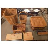 Four Longaberger baskets and three basket bricks as shown. Assorted basket group includes woven Longaberger baskets and decorative basket bricks, suitable for collecting, display, storage, gift basket