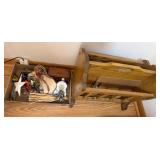 Wood wall-mounted shelf/magazine rack with spindle details, accompanied by assorted household and decorative items including small clock, seasonal decor and other pieces as shown.