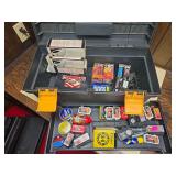 Toolbox containing assorted BB and pellet shooting supplies including Crosman Copperhead BBs, Daisy pellets, Gamo and RWS pellets, CO2 cartridges and clear protective glasses. Mixed calibers and quant
