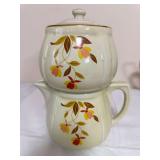 Hall China Autumn Leaf Jordan all-china drip coffee maker, a four-piece set comprising the lower coffee pot, upper ceramic drip/filter section, perforated ceramic water-spreader insert, and lid. Cream