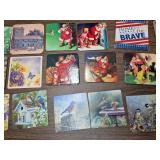 Assorted Decorative & Advertising Coasters. Large group featuring Christmas Coca-Cola-style Santa imagery, birds and wildlife, floral designs, patriotic themes, historic buildings and other decorative
