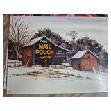 Vintage Mail Pouch Tobacco Advertising Tin Signs. Includes painted metal advertising sign depicting a snowy barn marked “Chew Mail Pouch Tobacco – Treat Yourself to the Best,” along with additio