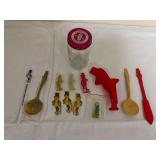 Assorted Planters Mr. Peanut advertising and promotional pieces including glass jar with Planters lid, figural stirrers/picks, utensils and other small items as shown.