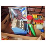 Vintage Toy Cash Register, Wooden Toys & Children’s Activities. Mixed grouping includes toy cash register, wooden train cars, toy gumball dispenser, Champion Giant Bubbles set, toy trumpet/horn, sma