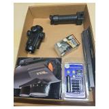 Group of red dot sights and firearm accessories including BSA and other optics, pistol/vertical grip and pistol laser sight components as shown.