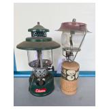Coleman Model 220F & Winchester Trailblazer Lantern. Includes green Coleman Model 220F pressure lantern marked 9/62 and Winchester Trailblazer lantern; shows age-related wear, oxidation and surface so