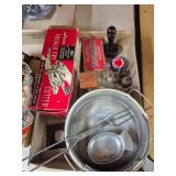 Vintage Sunbeam Mixers, EKCO French Fry Cutter & Kitchenware. Includes Sunbeam Mixmaster stand mixer, Sunbeam handheld mixer, boxed EKCO Miracle French Fry Cutter, extra mixer beaters, metal mixing bo