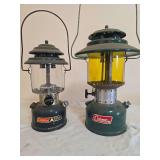 Coleman CL2 & Model 228F Lanterns – Marked 1/88 & 5/74. Pair of green Coleman double-mantle pressure lanterns, including a CL2 and wide-ventilator 228F, with clear globes and wire bail handles; show