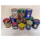 Group of Planters Mr. Peanut tins and containers including limited-edition, anniversary, cocktail peanut and mixed-nut designs in various sizes.