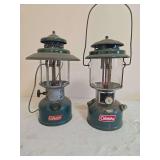 Coleman Models 228F & 220H Lanterns – Marked 7/53 & 5/73. Pair of green double-mantle pressure lanterns, including the larger 228F “Big Hat” style, with green porcelain ventilators, clear globes