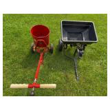 Two lawn spreader/fertilizer carts including red and black hopper-style examples as shown.