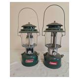 Coleman Models 220J & 220F Lanterns – Marked 1/78 & 3/64. Pair of green double-mantle pressure lanterns with matching green ventilators, clear globes and wire bail handles; show age-related wear, ox
