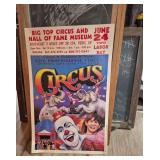 Chalkboards & Big Top Circus Hall of Fame Museum Poster. Includes vintage framed chalkboards and colorful Big Top Circus and Hall of Fame Museum advertising poster from Peru, Indiana, featuring clowns