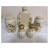 Group of five Hall Autumn Leaf pieces made for the National Autumn Leaf Collectors Club, including large salt and pepper shakers marked 2009, smaller salt and pepper shakers with metal tops marked 200