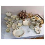 Large mixed grouping of Hall/Jewel Tea Autumn Leaf china and related pieces including plates, cups, bowls, pitchers, teapots, serving pieces, decorated glassware, frosted tumblers, reference booklets 