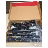 Shoebox containing assorted rifle scopes, scope rings, mounts and related optical accessories in mixed sizes and makers as shown.