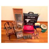 Assorted household and advertising items including Columbus Washboard Co. washboard, Hardin Northern stadium cushion, Pepsi-Cola items, Nestlé Mini-Marshmallow tin, miniature wood chair, wood alphabe