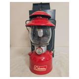 Coleman Model 200A Red Lantern with Case – Marked 7/72. Red single-mantle pressure lantern with matching red porcelain ventilator, clear globe and fitted black carrying base/case; shows general age-