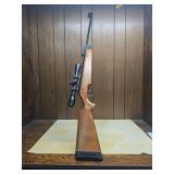 RWS Model 45 pellet rifle with wood stock, break-barrel action and mounted scope. Black metal finish with rubber butt pad as shown.