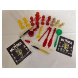 Assortment of Planters Mr. Peanut promotional pieces including multiple figural shakers, utensils, pens and embroidered Mr. Peanut patches as shown.
