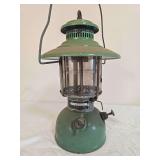 Sears/Preway Model 742-43 Pressure Lantern. Vintage green pressure lantern with matching porcelain ventilator, clear cylindrical globe, wire bail handle and Sears, Roebuck & Co. markings; shows age-re