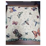 Assorted linens and pillow as cataloged, including a decorative textile piece with woven butterfly, dragonfly, bee and ladybug motifs.