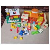 Fisher-Price Family Play Village & Push Button Farm Toys. Vintage Fisher-Price playset grouping includes Family Play Village buildings, Push Button Farm, vehicles, figures, furniture, playground piece