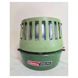Coleman Catalytic Heater Model 515A in green with vented outer housing and label advertising 5,000–8,000 BTU output. Shows surface wear and age-related use.