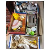 Two flats of vintage children’s cookware and kitchen toys including aluminum pots, pans and lids, plastic dishes, cups, pitchers, utensils and toy toaster as shown. Mixed materials, makers and condi