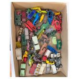 Flat filled with vintage toy cars, trucks and construction vehicles of assorted types, colors and makers as shown. Mixed condition with paint wear, missing pieces and age-related use visible on some e