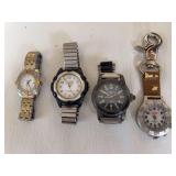Four Coleman watches in assorted styles, including analog wristwatches with expansion bands and a clip-style watch. Mixed finishes and condition as shown.