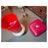 Vintage Vinyl Stools & Plastic Wastebasket. Includes two vintage upholstered stools, one round light-colored example and one square pink/red vinyl example, together with a large red/orange molded plas