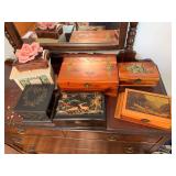 Group of assorted wood and decorative storage boxes, primarily suitable for costume jewelry, including cedar-style, painted and lacquered examples as shown.
