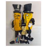 Three Planters Mr. Peanut plush figures in assorted sizes and styles, including one with original Planters hang tag. Shows general age-related wear.