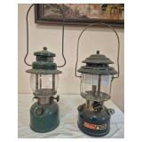 Coleman Model 242C & CL2/288 Lanterns – Marked 9/47 & 3/84. Vintage 242C and later adjustable CL2/288 pressure lantern with clear globes and wire bail handles; shows varying finish wear, oxidation a
