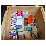Wooden crate containing assorted boxed, tray-packed and loose ammunition including visible .25 Auto, .380 Auto, 9mm Luger, .357 Magnum and 7.62 Tokarev, along with Sierra bullets and other components 