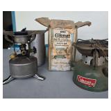 Military camp stove Coleman single burner and Self Heating Iron No.4