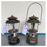 Coleman Models 290A & 220F Lanterns – Marked 12/88 & 4/72. Includes a green Powerhouse-style adjustable 290A and vintage green 220F double-mantle lantern with clear globes and wire bail handles; sho